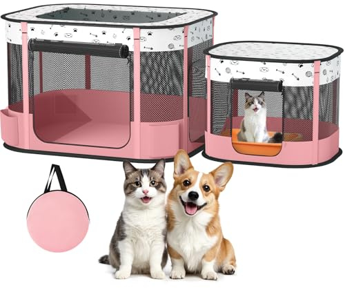 BUFOR Portable Cat Playpen with litter box area, Foldable Pet Dog Playpen, for Kitten Puppy Play Pen Indoor/Outdoor, Cats Enclosure Cages Tent with Carrying Case, 600D Oxford 8-Rods, 32x24x22, Pink