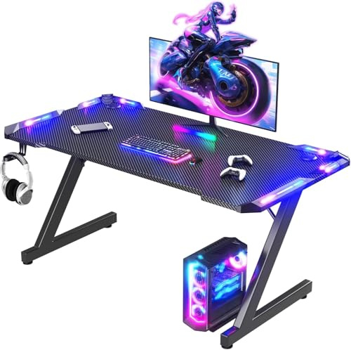 JUMMICO Gaming Tisch mit LED-Beleuchtung, RGB Gaming Tisch, Stabiler Computertisch für Homeoffice und Gamer,Gaming Schreibtisch mit Kopfhörerhalterung und Getränkehalter, 120 x 60 cm, Schwarz