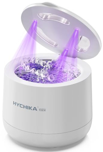 HYCHIKA Ultrasonic Retainer Cleaner Machine,45kHz Sonic Dental Cleaner with Digital Timer,4 Modes,200mL Dental Pod for Dentures,False Teeth,Aligners,Night Guards(White)