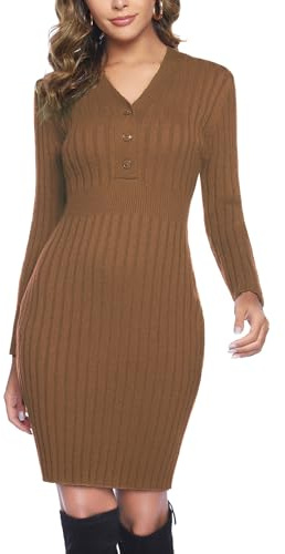 Wayleb Femme Elégant Robe Pull Longue Col en V Manche Longue Casual Robe Automne d'hiver Slim Sweater Pullover