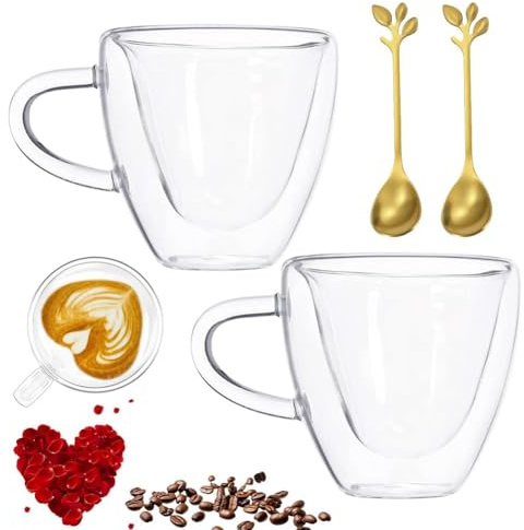 Umllpet set med 2 dubbelväggiga 250 ml hjärtformade kaffeglas, teglas med handtag, borosilikatglas, kaffekoppar, dubbelväggiga glas, kaffemuggar, perfekt för cappuccino, latte, iste