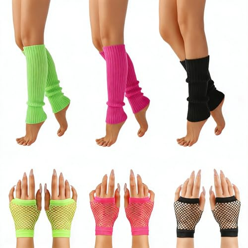SrgPui 6 Pcs Neon Leg Warmers 80s Set, 3 Pairs 80s Leg Warmers with Fishnet Gloves for Women and Girls, Leg Warmers Fancy Dress Accessories for Retro Party, Halloween Costume