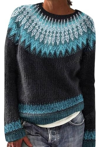 Generisch Jersey de punto para mujer, estilo noruego, manga larga, cuello redondo, elegante, cálido, invierno, otoño, invierno, jersey de invierno, jersey de invierno para mujer, otoño, A002 Dark Blue