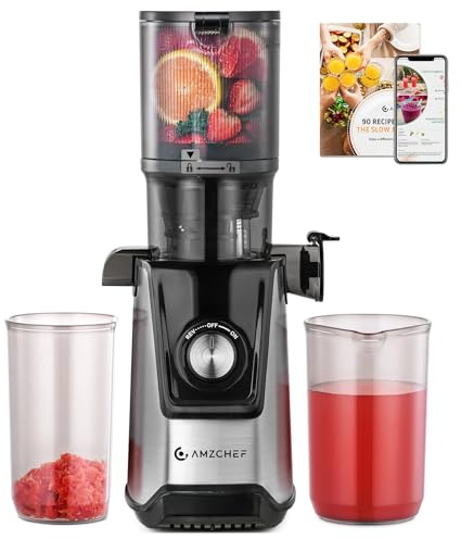 AMZCHEF Estrattore di Succo Lento 118mm Scivolo Largo – Silenzioso, Filtro Doppio, Funzione Inversa – Estrattore Frutta e Verdura Facile da Pulire