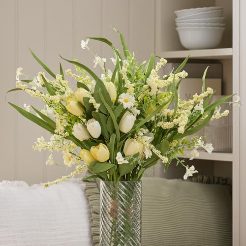 Lights4fun Ramo de flores primavera-verano en tonos amarillos con tulipanes artificiales, flores y verde | sin luz | decoración Pascua primavera verano para mesa y salón | altura 60 cm
