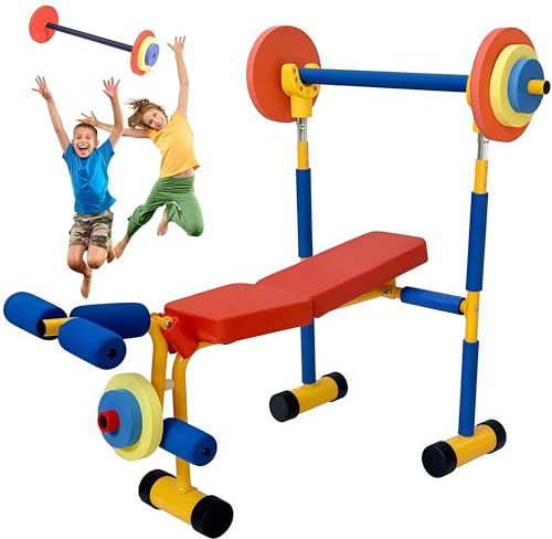 WENNEWU Attrezzatura Esercizio per Bambini, Panca Pesi con Bilanciere Regolabile, Panca e Pressa per Gambe, Panca Giocattolo Esercizio Divertente, per Bambini 3-12 Anni, Essenziali per Giochi Attivi