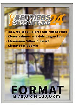 Betriebsausstattung24® Plakatrahmen mit Klemmrahmen | Alu Klapprahmen | 25mm Aluminium Profil | inkl. entspiegelter Schutzfolie (Ecken auf Gehrung, Sondermaß (HxB 100,0x70,0 cm))
