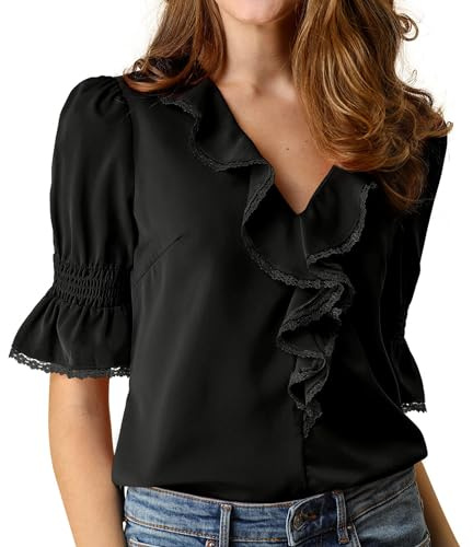 Allegra K Blusa De Manga De Campana con Cuello En V Y Volantes para Mujer, Blusa Campesina De Gasa Informal Vintage De Verano Negro M