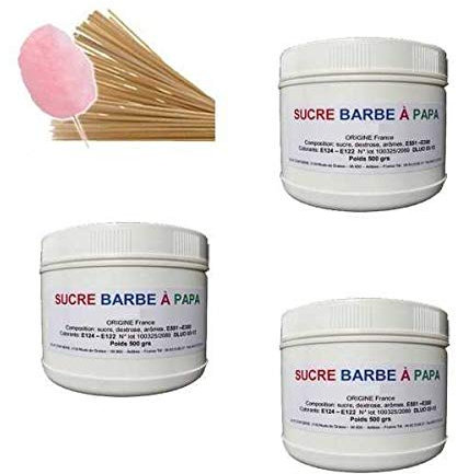 Pack de 3 Pots de 500 grs de sucre barbe à papa au choix + 100 batons 30 cm OFFERT