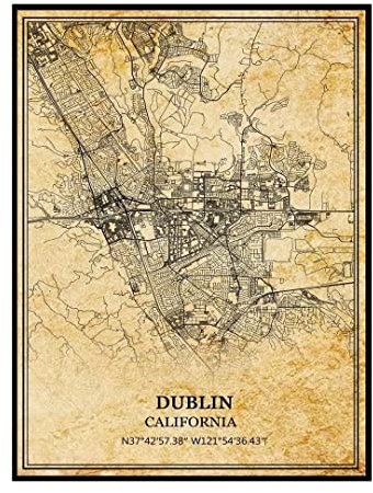 TANOKCRS Dublín California Estados Unidos América Cartel de mapa vintage Arte de pared Ciudad mapa impresión viaje recuerdo regalo decoración del hogar sin marco
