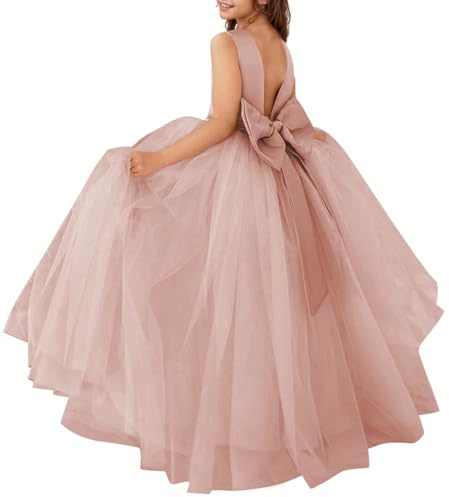 MCieloLuna Flower Girl Dresses for Wedding Toddler Pearls Satin Tulle Bow-Knot Back Pageant Princess First Communion Dress Dusty Rose Size 2