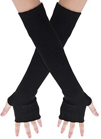 Yolev Damen Armstulpen Schwarze Winter Lange Fingerlose Handschuhe Gestrickte Damen Arm Warmers mit Daumenlöchern Kältebeständige Stretch Handschuhe für Autofahren Outdoor Sportarten