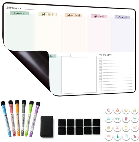 MCCORL Lavagna Settimanale Magnetica Frigo, Calendario Famiglia magnetico, To Do List,Planning Settimanale Cancellabile per Cucina 42×28cm -in italiano
