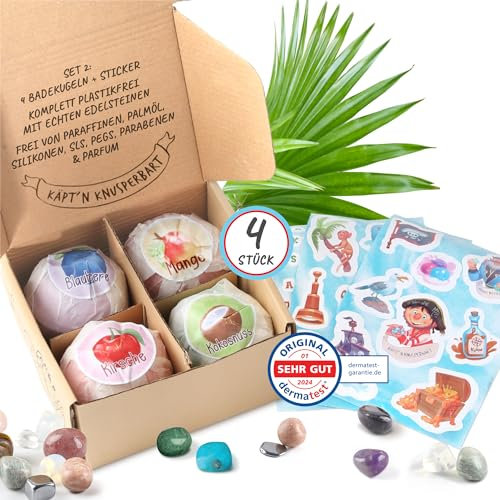 Käpt'n Knusperbart 4 Badekugeln mit Edelstein Überraschung + Aufkleber, Plastikfrei mit natürlichen Inhaltsstoffen, Frei von Parafinen, Palmöl, Silikonen, SLS, PEGs, Parabenene und Parfum