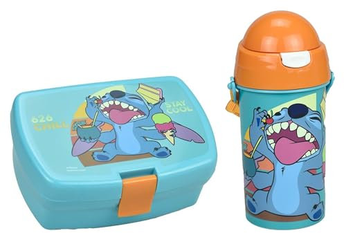 PRESTIGE & DELUXE Lilo & Stitch Frühstücksset, kompatibel mit 2 Stück, Trinkflasche 500 ml und Brotdose für Kinder