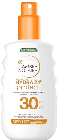 Garnier Ambre Solaire Hydra Protect+ Lait Solaire 24h SPF 30 Protection UVA et UVB avec Vitamine C 175 ml