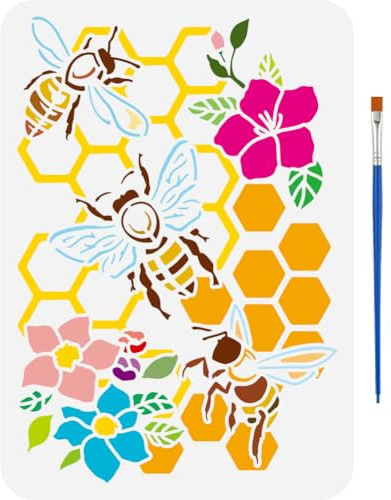 FINGERINSPIRE Beehive Stencils with a Paint Brush 29.7x21cm Honeybee Pattern Stencils Reusable Flowers Bees Painting Stencils Spring Themes Template for Painting on Wall Fabric DIY Crafts