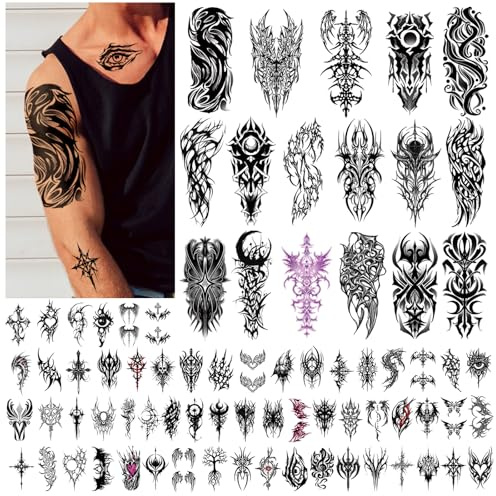 77 Sheets Cyborg Tribal Totem Temporary Tattoo, 17 Half Arm Skull Fake Tattoos, 60 Viking Tiny Body Tattoos Stickers Cosplay Costume Party Favors for Adults Kid Realistic Waterproof Long Lasting