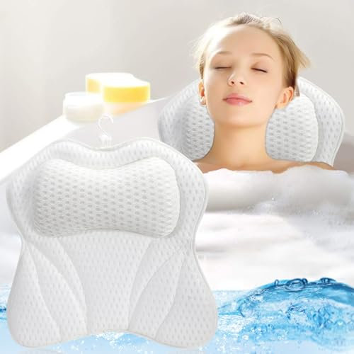 4D Ergonomique Oreiller Bain avec 6 Ventouses Puissantes, Coussin Baignoir pour Soutien Tête Nuque Epaules Dos,Oreiller Baignoire Maille Aérée Anti-dérapant Amovible,Accessoires pour Spa Home