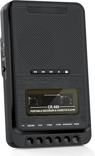 Tragbarer Kassettenspieler Kassettenrekorder,Aufnahme auf Kassetten/USB/SD-Karte über Mikrofon, Kassette zu MP3-Musik über USB/SD-Karte/PC, Kassettenrekorder mit ausziehbarem Griff (Schwarz)