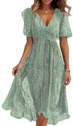 Onsoyours Femme Été Robe en Mousseline Col en V Élégant Au Genou Cocktail Soirée Robes Manches Courtes À Fleur Imprimé Mariage Invités Festival Dress A Ligne Loisirs Jupe
