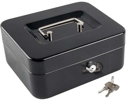 Altikeep Cash Box with Money Tray, Small Safe Lock Box with Key, Cash Drawer (25x20x9cm, Schwarz)