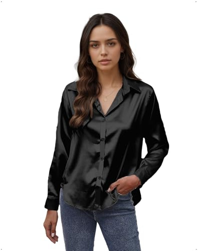 EMOTTOS Blusa Sexy de Satén para Mujer, Blusas Holgadas con Botones y Cuello en V, Camisas Elegantes de Manga Larga para Salir, IR a la Oficina o para el Trabajo, Negro, S
