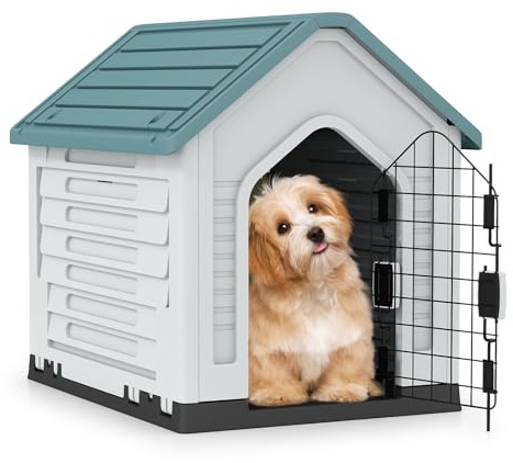 COSTWAY Caseta de Plástico para Perros, Refugio para Mascotas Impermeable con Puerta Metálica con Cerradura, Techo Inclinado y Rejillas de Ventilación, Caseta Perro para Interior y Exterior (Azul)