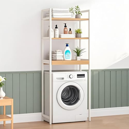 OVLRIJP Mobile Sopra Lavatrice, Scaffale Lavatrice a 3 Ripiani in Bambù, per Bagno, Cucina, Soggiorno, 66.5x26x170cm