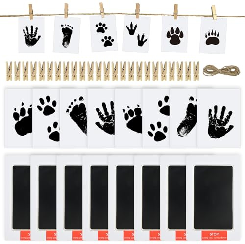 Juego de huellas de manos y huellas de bebé, juego de impresión de bebé, almohadilla de tinta con 24 almohadillas de tinta Clean Touch, 24 pinzas y grapas, cuerda para regalo de familia y baby shower