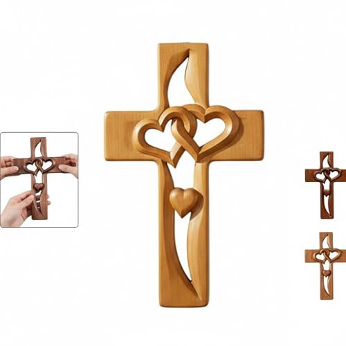 Croce in legno fatta a mano con cuori intrecciati, croce in stile vintage intagliata a mano, croce in legno da appendere, decorazione da parete per matrimonio, casa cristiana (B)