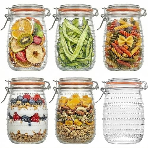 ZHUNZOOEN 6-Pack Glass Mason Jars with Airtight Clip Top Lids, 32 oz Wide Mouth Canning Jars for Meal Prep, Pickling, and Kitchen Storage - Leakproof Storage Containers for Coffee Beans, Jam, Salad