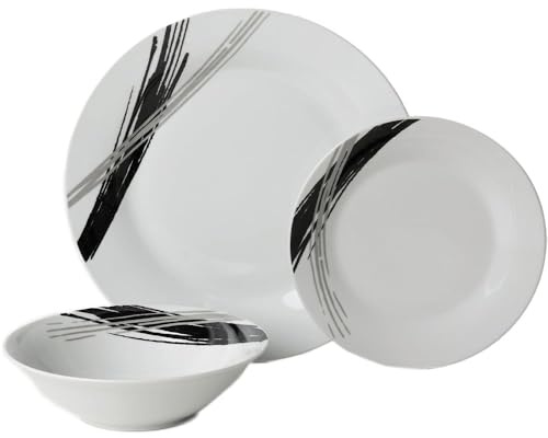 Wilko Stria 12-Piece Dinner Set, White, Contemporary Black and Grey Streak Pattern, Everyday Dining and Special Occasions, Microwave and Dishwasher Safe