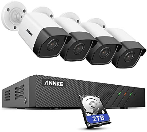 ANNKE H500 Kit 4 Cámara, 5MP PoE Camara vigilancia exterior y 8CH 6MP NVR con 2TB HDD, Detección de Movimiento, IP67, 30m Visión Nocturna, Notificaciones en App