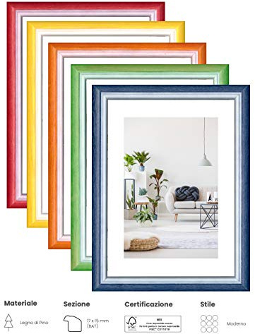 eacommerce Cornice Colorata per Foto Stampe da parete e da Tavolo mod. RAINBOW in legno di Pino Colori Assortiti (Blu, 18x24 cm)