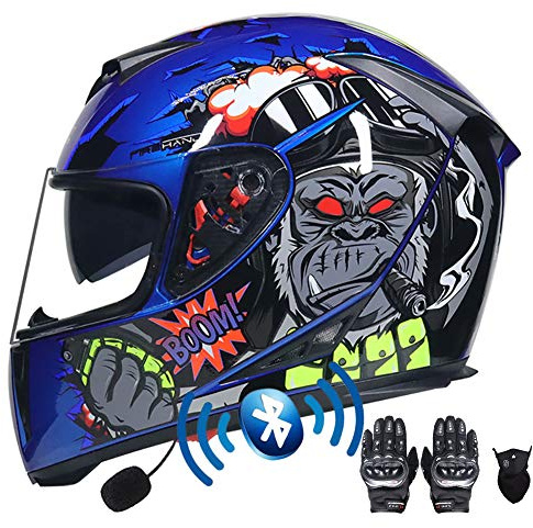 DYOYO Casque Moto Bluetooth,Casques Intégral Moto avec Double Anti-buée Visière, Casque Intégraux Racing ECE Homologué avec Gants et Masque pour Femmes Hommes Adultes 55-64CM