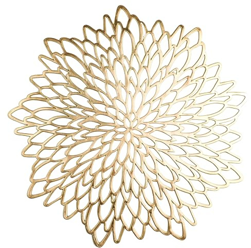 Snowkingdom Pack of 18 Gold Metallic Round Placemats Bulk Pressed Vinyl Leaf Dinning Kitchen Table Mats Decorations Setting for Christmas Wedding Thanksgiving Party Event Holiday Autumn Harvest