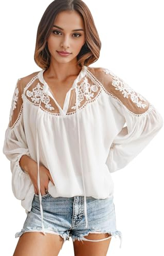 Petalum Chemisier Femme Elégant Blouse Dentelle Tulle en Mousseline de Soie Casual Top Haut Tunique Sexy Transparent Col V à Manche Longue Patchwork Lace Crochet pour Printemps Eté