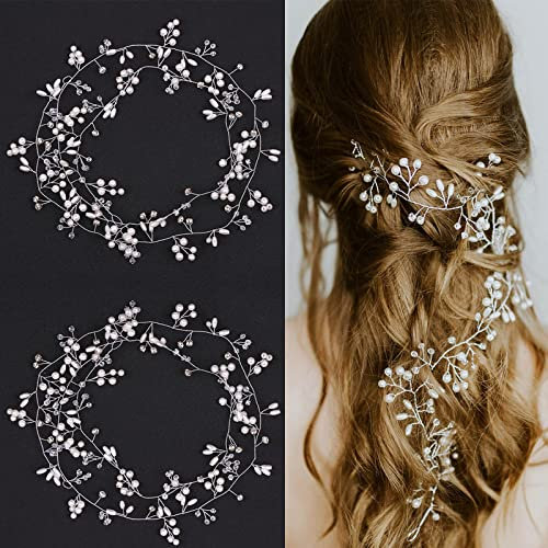 TSHAOUN 2 Pezzi Fascia Sposa per Capelli Accessori Capelli Sposa Nuziale Fasce Copricapo da Sposa per Decorazione con Perla Accessori per Capelli da Sposa Copricapo di Cristallo (50cm,Argento)