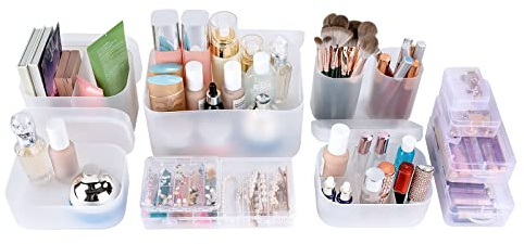 OCHEAL Makeup Organizer Case,Stackable Clear Makeup Organizer Holder, Multi-size Makeup Case Vanity Storage Holder Set for Makeup, Jewelry, toiletries,Makeup Artist Must Have