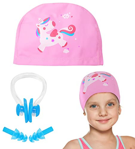 Simmössor för barn, badmössa pojkar och flickor tonåringar i åldrarna 5-12 rosa enhörning polyester badbadmössa badmössa med näsklämma öronproppar vattentät badmössa håller håret torrt för långt och