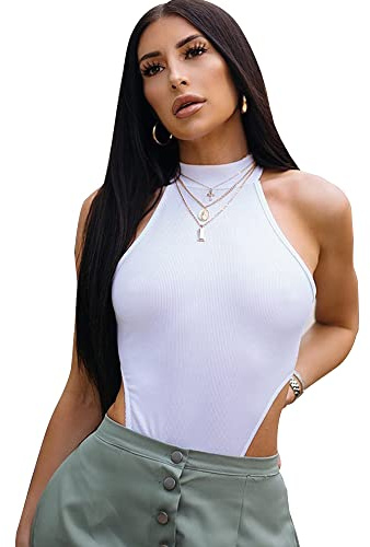 KOEMCY Body Femme Sexy Bodysuit Turtle Neck Jumpsuit Combinaisons Couleur Unie Justaucorps Bodys Combishort Corset Lingerie Moulant Top Haut Shirt (Blanc,L)