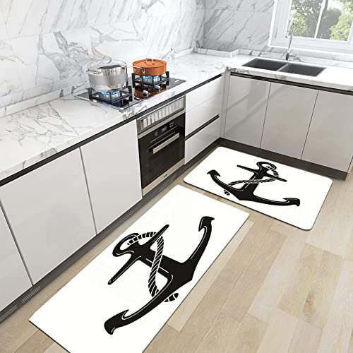 URSOPET 2er Küchenteppich Waschbar rutschfest Teppich,Anker-Logo-Symbol Nautisches Maritimes Design,Küche und im Esszimmer Badematten Set mit Rückseite