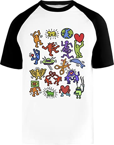 Hopestly Haring Symbols Maglietta da Baseball Unisex da Donna Uomo Bianca Girocollo Maniche Corte Cotone Organico Tee T-Shirt Unisex White