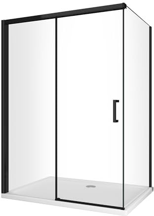 Douche d'angle avec paroi latérale fixe et porte frontale avec fermeture douce amortie H 200 8 mm cadre noir mat (Cm 110 (108-110) x 140 (137-140))