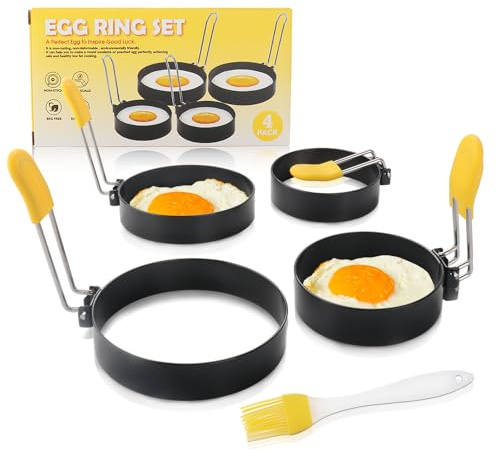 Miruchertter Professionellt set med 4 äggringar i rostfritt stål med silikonhandtag, non-stick pannkakringar med oljeborste, perfekta äggformar