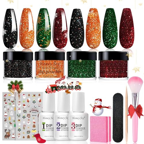 Honey Joy Dip Powder Nail Kit Starter, 4 Colors Halloween Christmas Green Red Black Orange Glitter Dipping Powder Liquid Set with Base Top Coat for Nail Art Manicure Salon DIY, Dip-7pcs-No.11