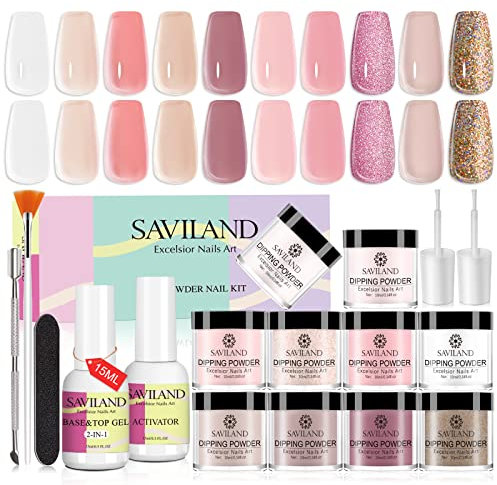 Saviland Dip Powder Nail Kit, 10 Colors Nail Dip Powder Starter Kit System French Nails Art Manicure with 2-IN-1 Base & Top Coat, Activator Nails Art Tools for Nail Salon Home