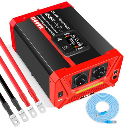 JIGUUN 3000W Convertisseur 12V 220V Pur Sinus Onduleur transformateur avec 2 Prises EU & 3 Ports USB+Tycp-C,Télécommande détachable et écran LCD Puissance de crête 9000W