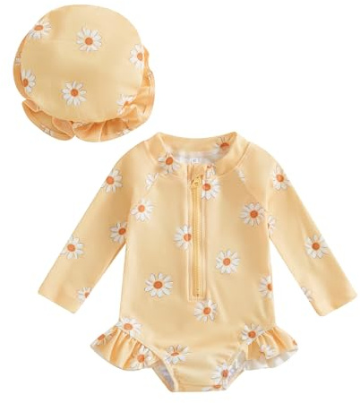 YILEEGOO Småbarn baby flicka baddräkt med hatt långärmad dragkedja blommig volang baddräkt flickor en del badkläder baddräkter sommar strandkläder
